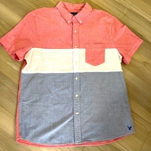 American Eagle Men's Short Sleeve Button Up Shirt Red White Blue USA Sz‎ XL
